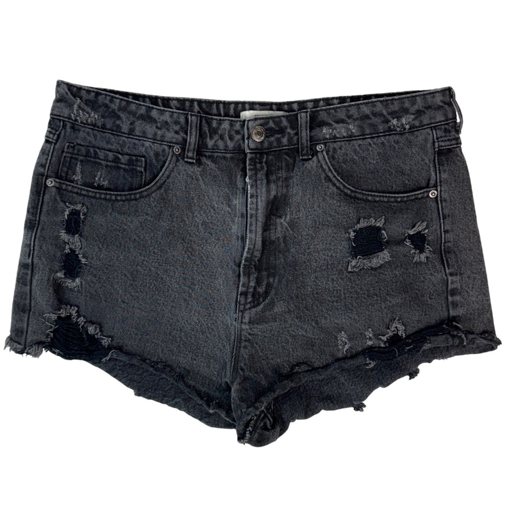 Forever 21 Womens Distressed Denim Shorts Washed Black High Rise Cut Off Size 31